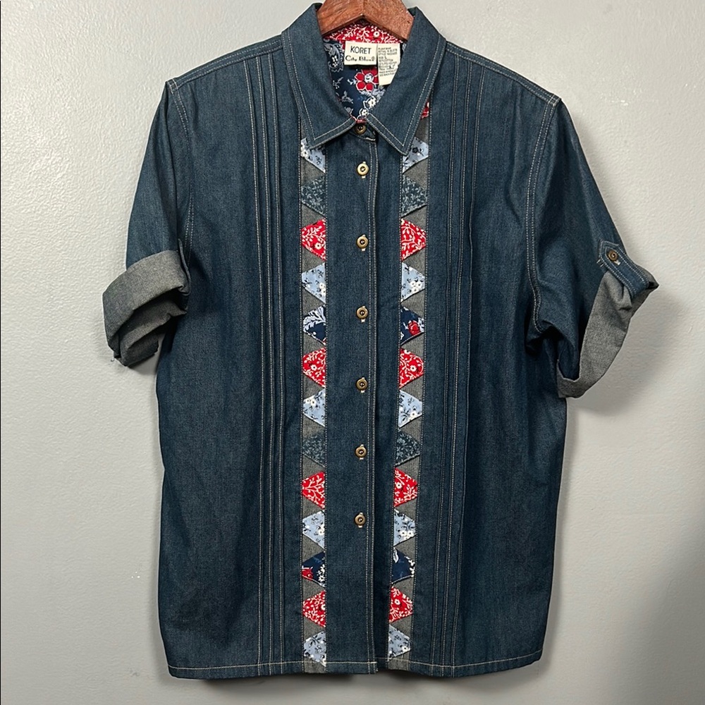 Ladies Vintage Koret City Blues Blue Denim Short Sleeve Shirt size Large